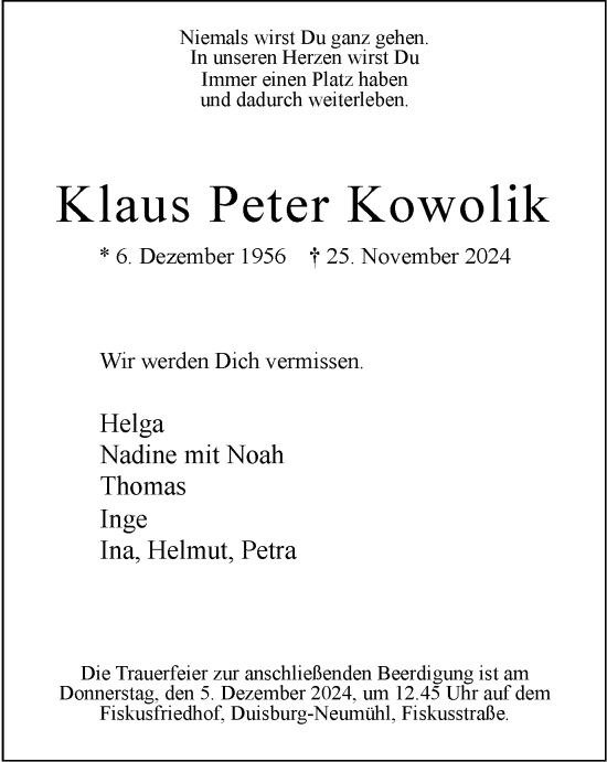 Traueranzeige von Klaus Peter Kowolik von Tageszeitung