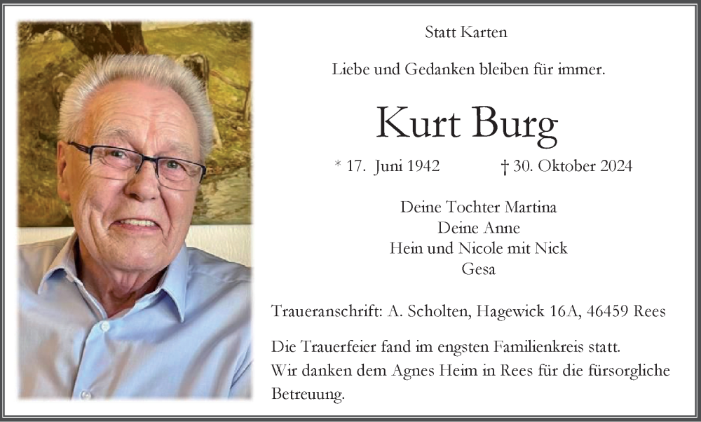  Traueranzeige für Kurt Burg vom 16.11.2024 aus Tageszeitung