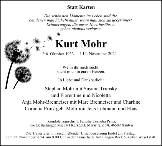 Traueranzeige von Kurt Mohr von Tageszeitung