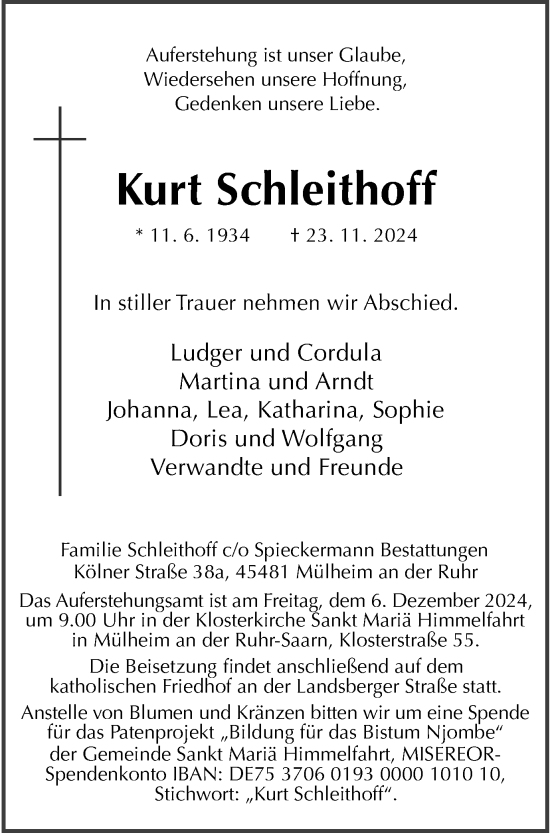 Traueranzeige von Kurt Schleithoff von Tageszeitung