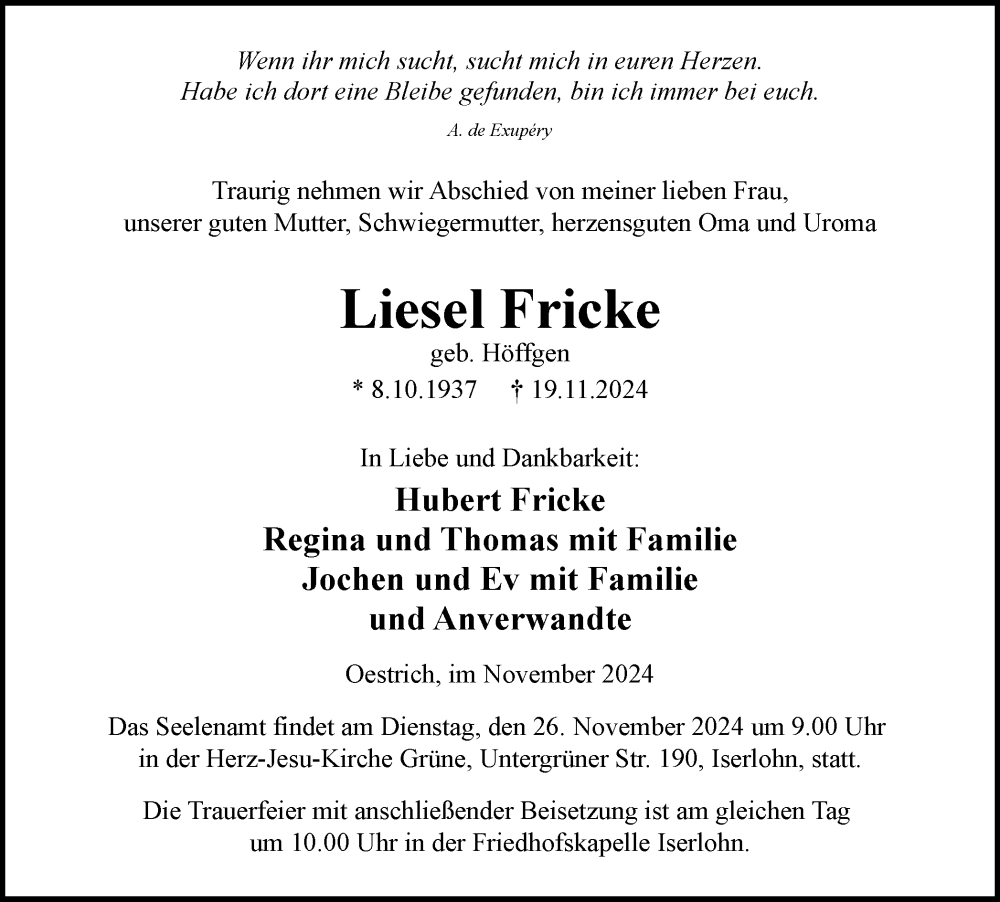  Traueranzeige für Liesel Fricke vom 23.11.2024 aus Tageszeitung