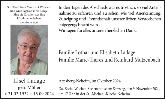 Traueranzeige von Lisel Ladage von Tageszeitung