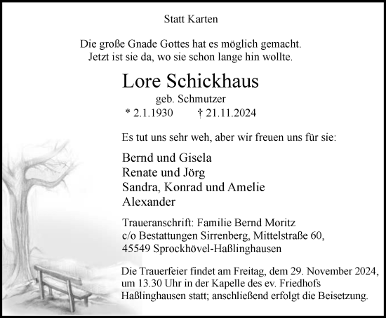 Traueranzeige von Lore Schickhaus von Tageszeitung