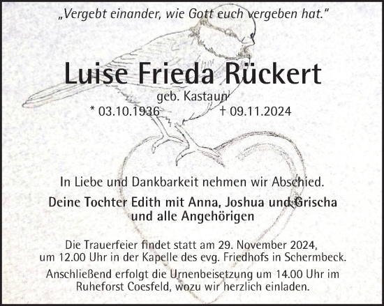 Traueranzeige von Luise Frieda Rückert von Tageszeitung