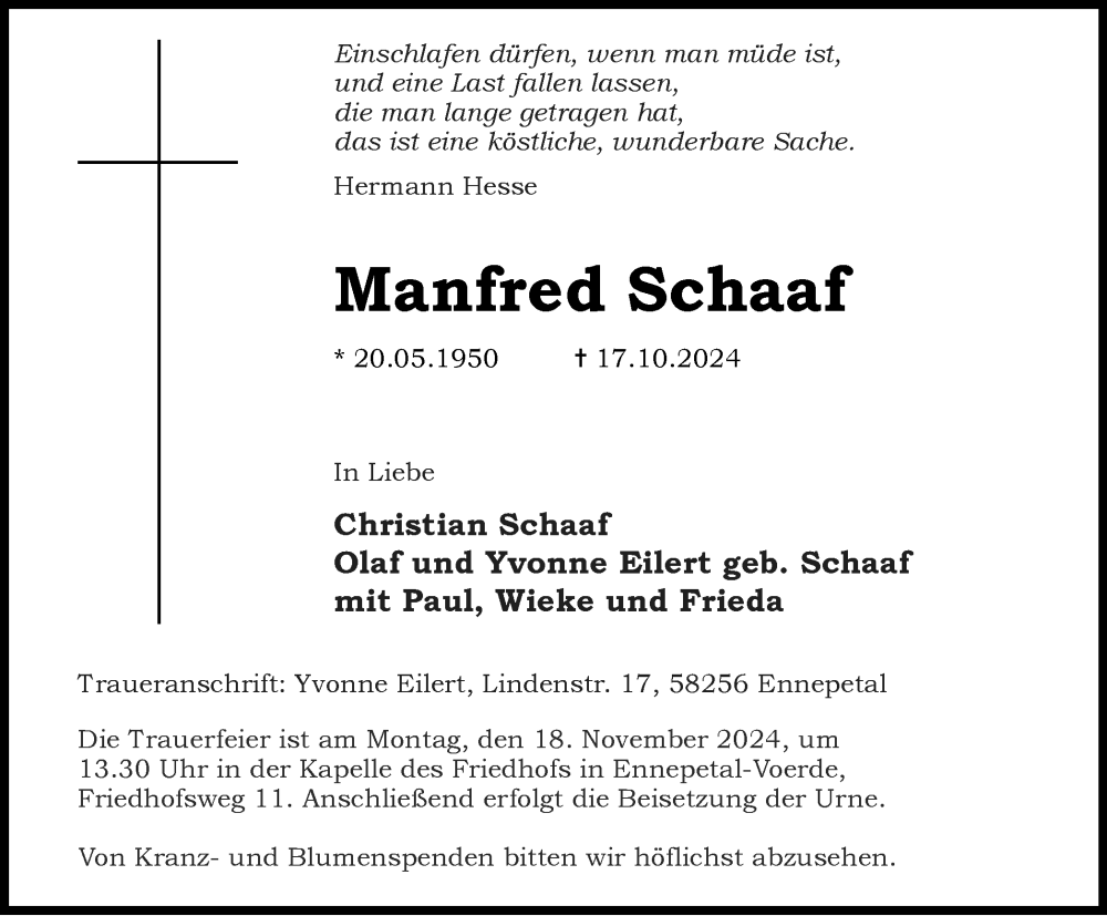  Traueranzeige für Manfred Schaaf vom 09.11.2024 aus Tageszeitung