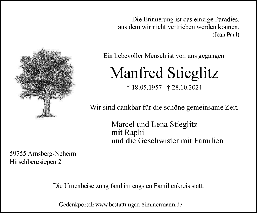  Traueranzeige für Manfred Stieglitz vom 16.11.2024 aus Tageszeitung