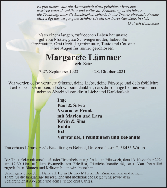 Traueranzeige von Margarete Lämmer von Tageszeitung