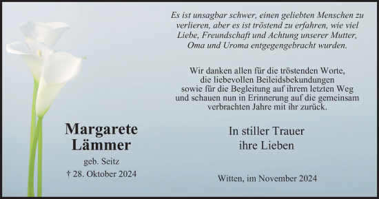 Traueranzeige von Margarete Lämmer von Tageszeitung