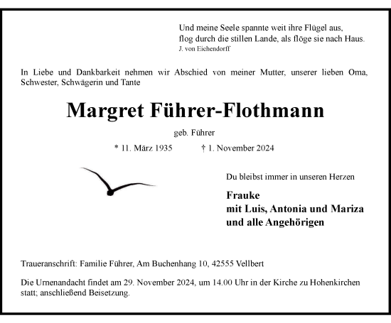 Traueranzeige von Margret Führer-Flothmann von Tageszeitung