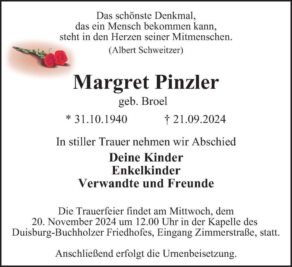  Traueranzeige für Margret Pinzler vom 09.11.2024 aus Tageszeitung