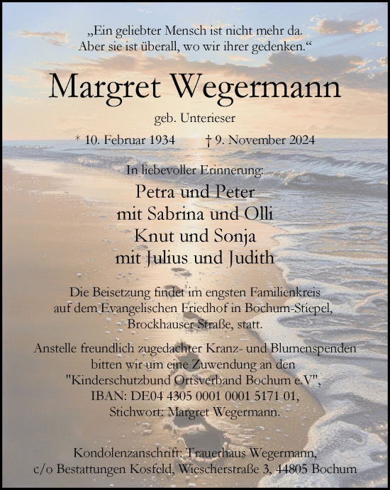 Traueranzeige von Margret Wegermann von Tageszeitung