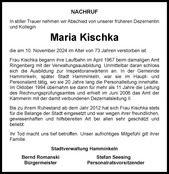 Traueranzeige von Maria Kischka von Tageszeitung