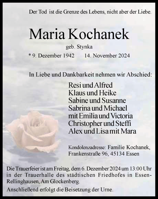 Traueranzeige von Maria Kochanek von Tageszeitung