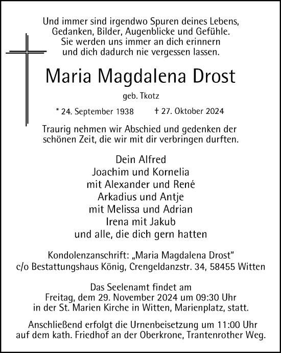 Traueranzeige von Maria Magdalena Drost von Tageszeitung