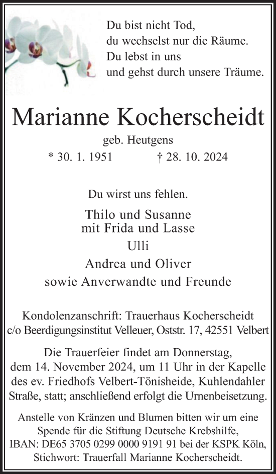 Traueranzeige von Marianne Kocherscheidt von Tageszeitung