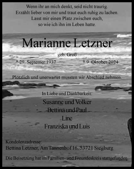 Traueranzeige von Marianne Letzner von Tageszeitung