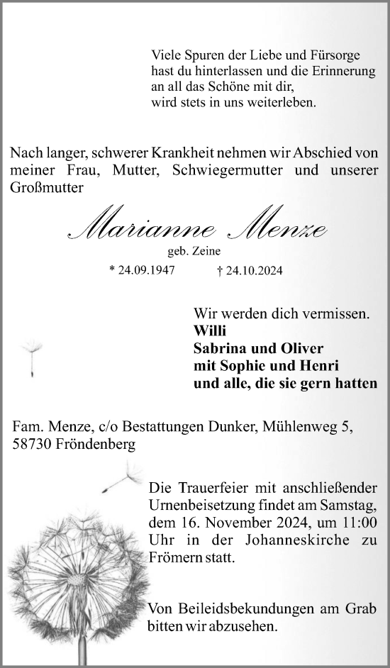 Traueranzeige von Marianne Menze von Tageszeitung