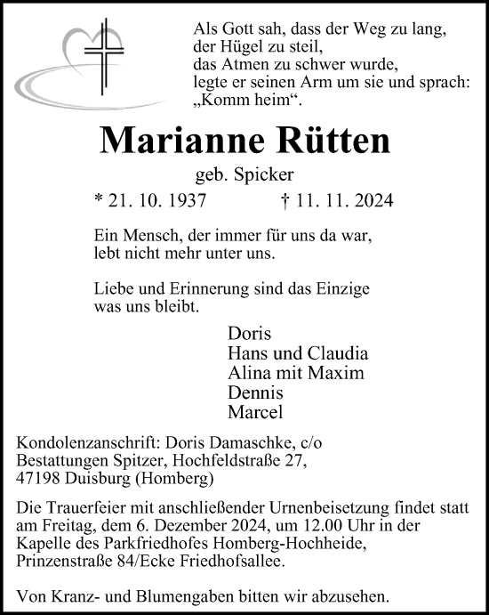 Traueranzeige von Marianne Rütten von Tageszeitung