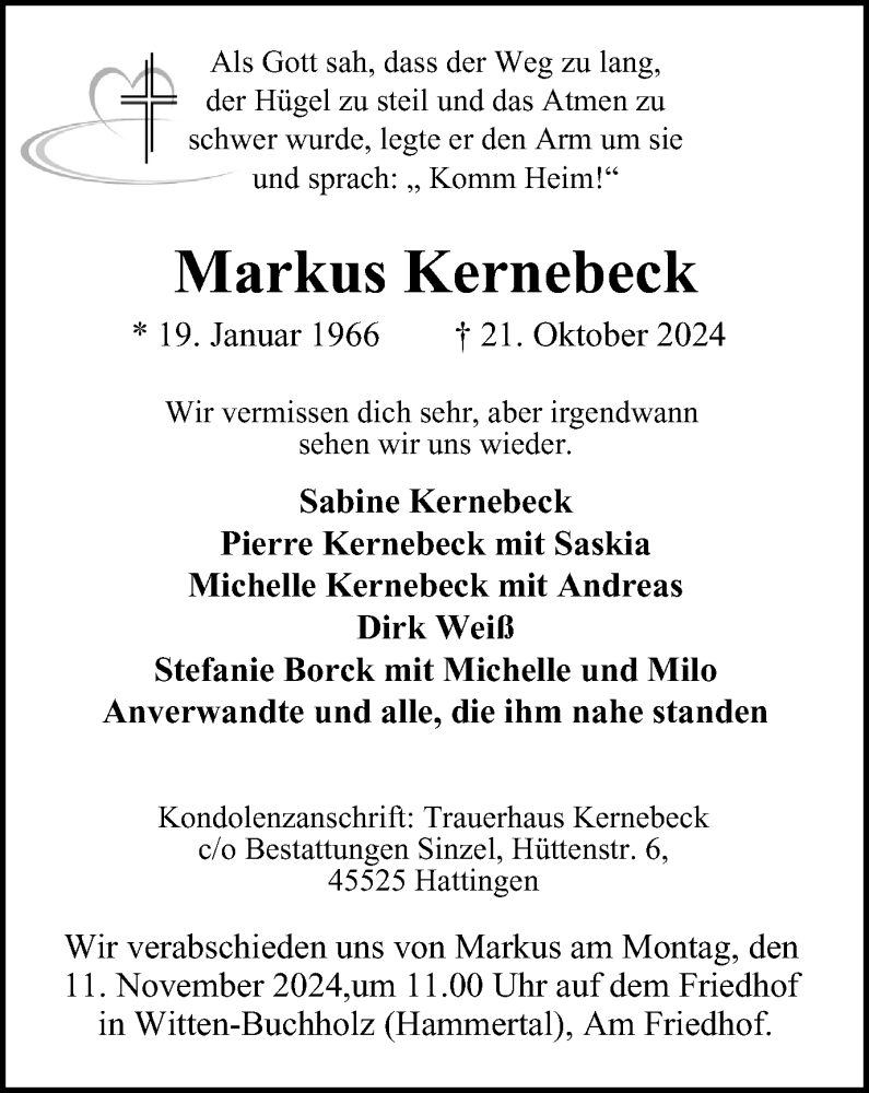  Traueranzeige für Markus Kernebeck vom 09.11.2024 aus Tageszeitung