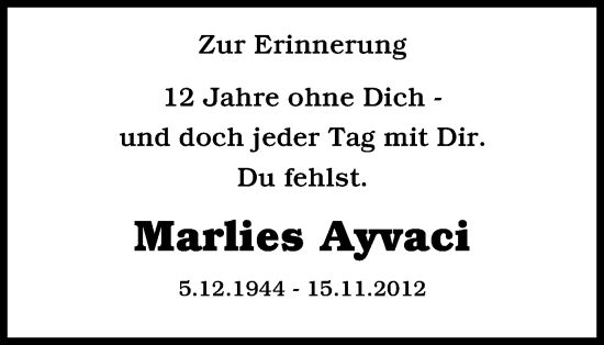 Traueranzeige von Marlies Ayvaci von Tageszeitung
