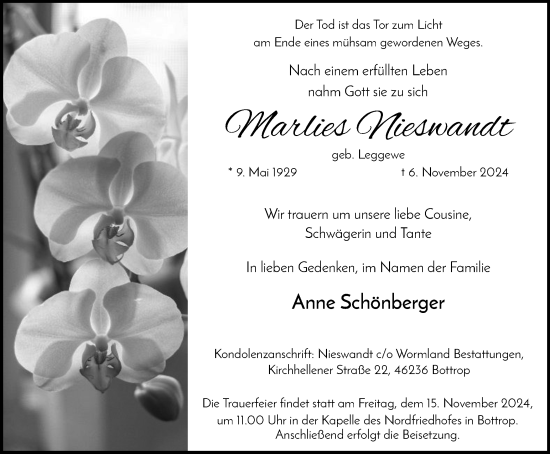 Traueranzeige von Marlies Nieswandt von Tageszeitung