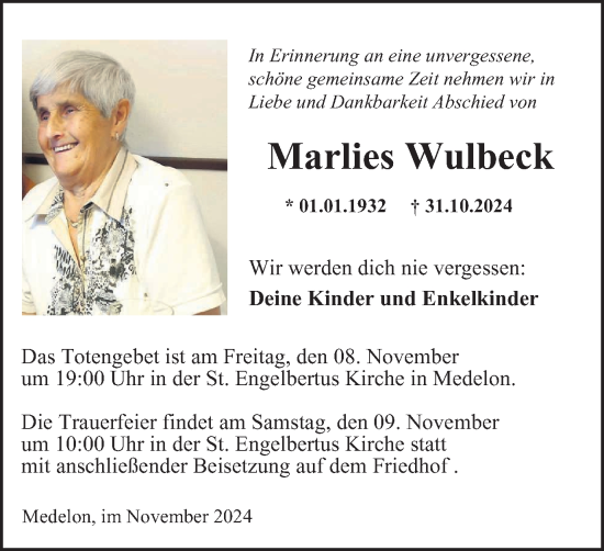 Traueranzeige von Marlies Wulbeck von Tageszeitung