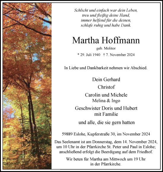 Traueranzeige von Martha Hoffmann von Tageszeitung