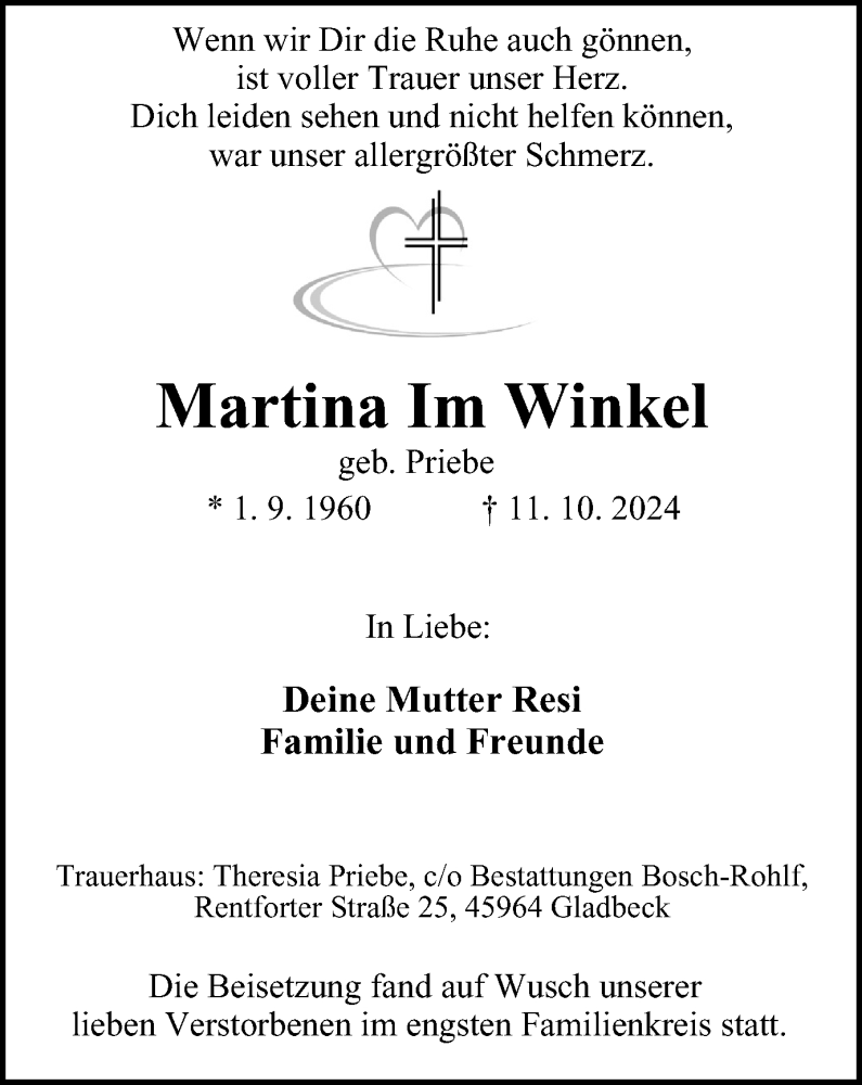  Traueranzeige für Martina Im Winkel vom 09.11.2024 aus Tageszeitung