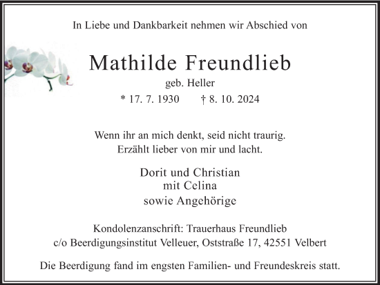 Traueranzeige von Mathilde Freundlieb von Tageszeitung