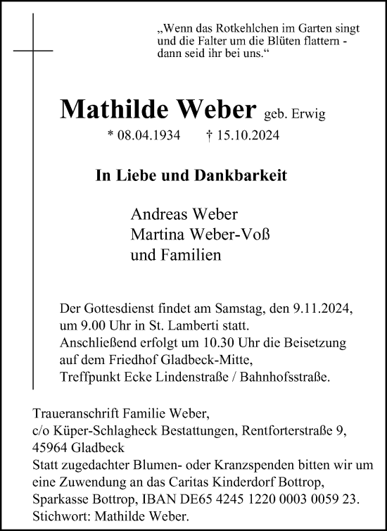 Traueranzeige von Mathilde Weber von Tageszeitung