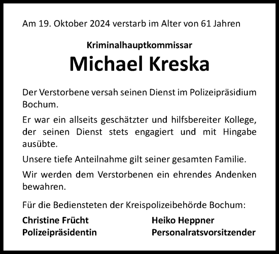 Traueranzeige von Michael Kreska von Tageszeitung