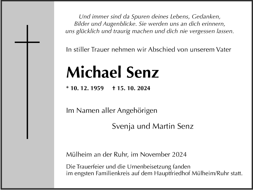  Traueranzeige für Michael Senz vom 16.11.2024 aus Tageszeitung