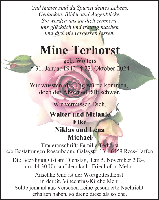 Traueranzeige von Mine Terhorst von Tageszeitung