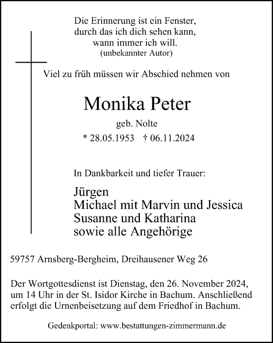 Traueranzeige von Monika Peter von Tageszeitung