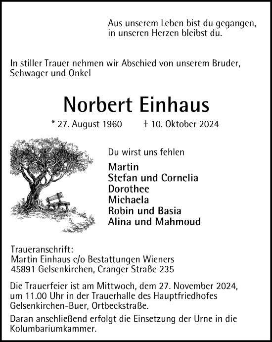 Traueranzeige von Norbert Einhaus von Tageszeitung