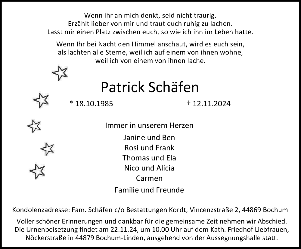  Traueranzeige für Patrick Schäfen vom 16.11.2024 aus Tageszeitung