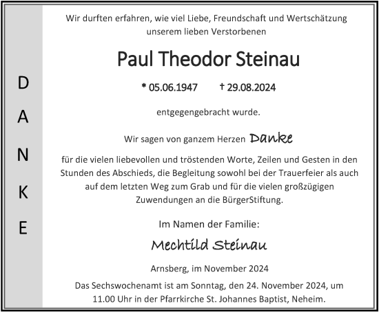 Traueranzeige von Paul Theodor Steinau von Tageszeitung