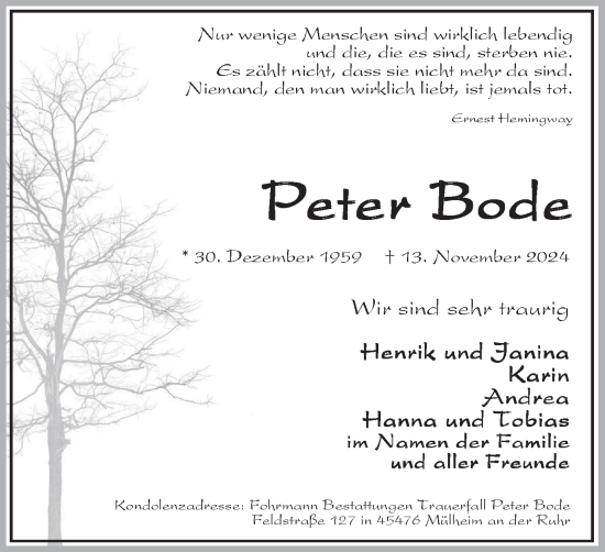 Traueranzeige von Peter Bode von Tageszeitung