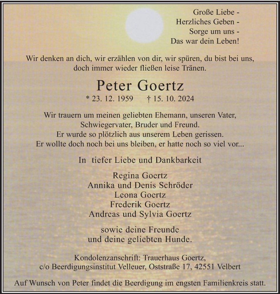  Traueranzeige für Peter Goertz vom 02.11.2024 aus Tageszeitung