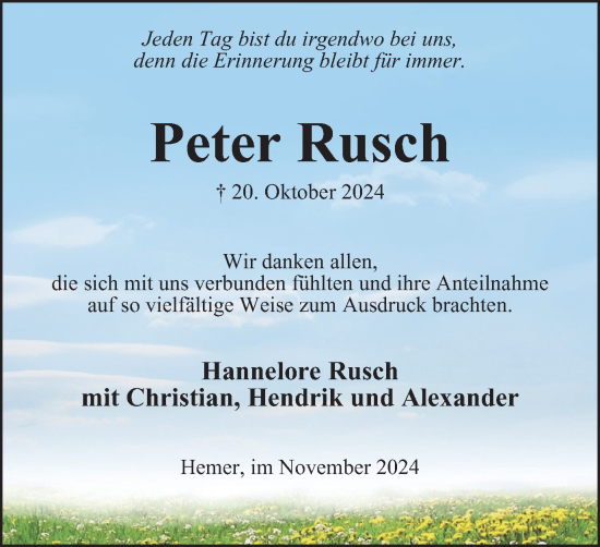 Traueranzeige von Peter Rusch von Tageszeitung