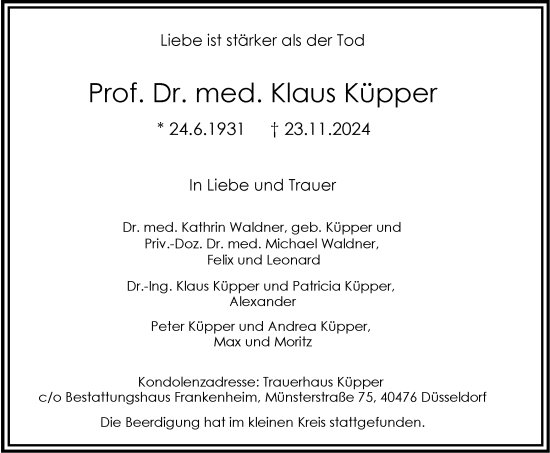 Traueranzeige von Prof. Dr. med. Klaus Küpper von Tageszeitung