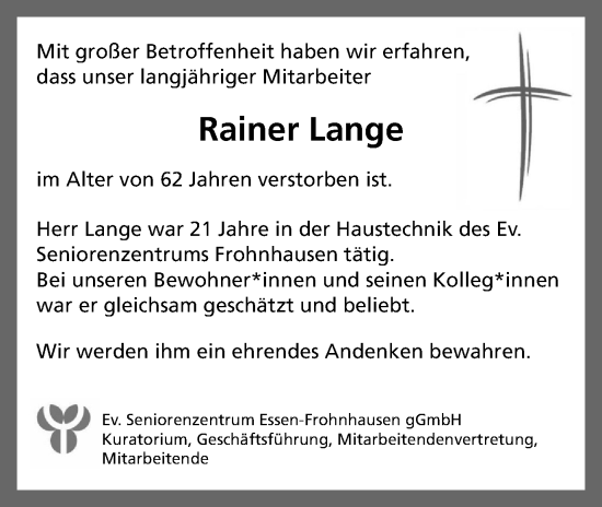 Traueranzeige von Rainer Lange von Tageszeitung
