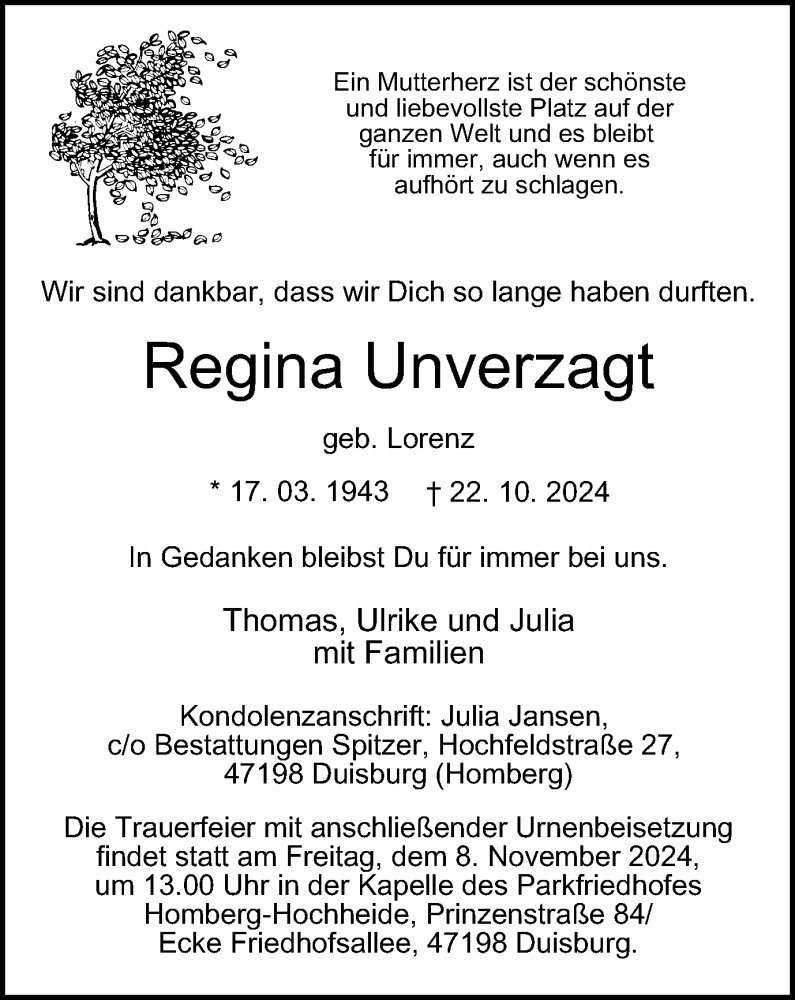  Traueranzeige für Regina Unverzagt vom 02.11.2024 aus Tageszeitung