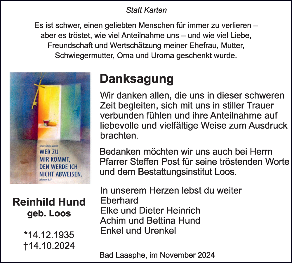  Traueranzeige für Reinhild Hund vom 16.11.2024 aus Tageszeitung