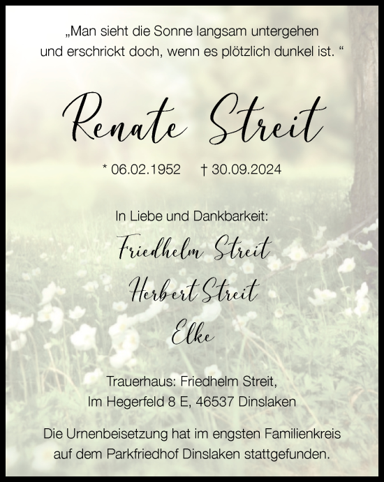 Traueranzeige von Renate Streit von Tageszeitung