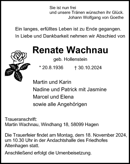 Traueranzeige von Renate Wachnau von Tageszeitung