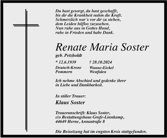 Traueranzeige von Renate Maria Soster von Tageszeitung