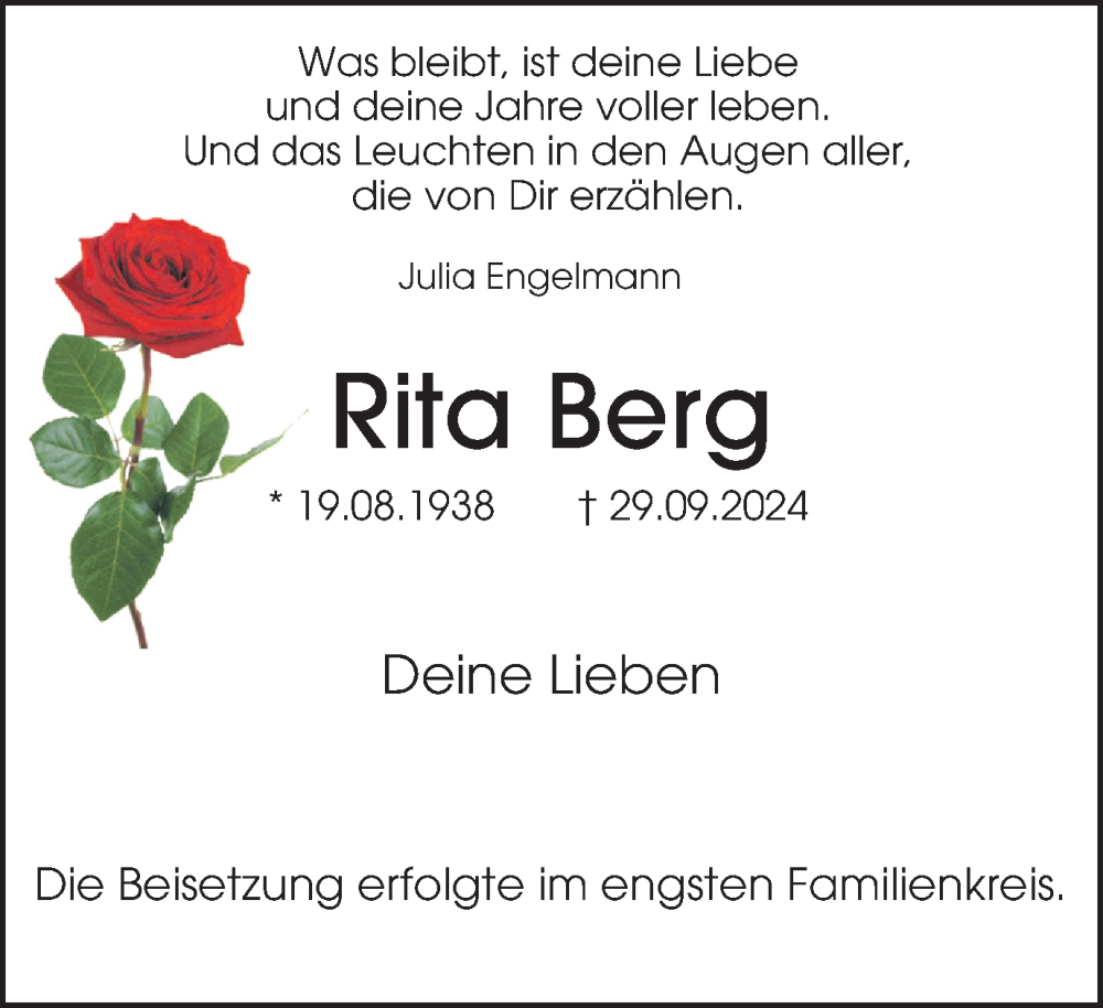  Traueranzeige für Rita Berg vom 02.11.2024 aus Tageszeitung