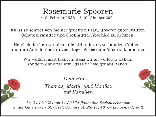 Traueranzeige von Rosemarie Spooren von Tageszeitung
