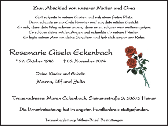 Traueranzeige von Rosemarie Gisela Eckenbach von Tageszeitung